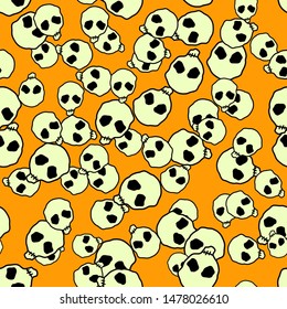 Vector Halloween doodle skulls seamless pattern. Design background for party poster. Hand drawn cartoon illustration. Objects isolated over orange.