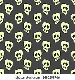 Vector Halloween doodle skulls seamless pattern. Design background for party poster. Hand drawn cartoon illustration. Objects isolated over dark grey.
