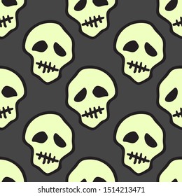 Vector Halloween doodle skulls seamless pattern. Design background for party poster. Hand drawn cartoon illustration. Objects isolated over dark grey.