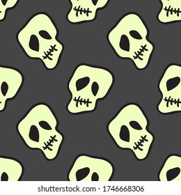 Vector Halloween doodle skulls seamless pattern. Design background for party poster. Hand drawn cartoon illustration. Objects isolated over dark grey.