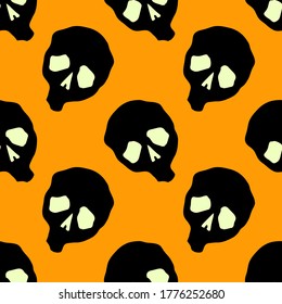 Vector Halloween doodle skulls seamless pattern. Design background for party poster. Hand drawn cartoon illustration. Objects isolated over orange.