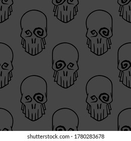 Vector Halloween doodle skulls seamless pattern. Design background for party poster. Hand drawn cartoon illustrationin black over dark grey.