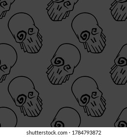 Vektor Halloween Doodle Skulls nahtloses Muster. Design-Hintergrund für Partyposter. Handgezeichnete Cartoon-Illustration auf Schwarz auf dunkelgrauem Hintergrund.