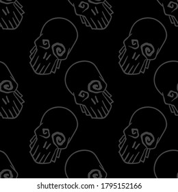 Vector Halloween doodle skulls seamless pattern. Design background for party poster. Hand drawn cartoon illustration in dark grey over black.