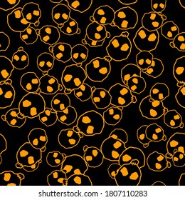 Vector Halloween doodle skulls seamless pattern. Design background for party poster. Hand drawn cartoon illustration in orange over black.