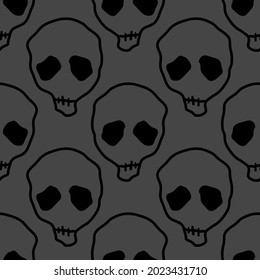 Vector Halloween doodle skulls seamless pattern. Design background for party poster. Hand drawn cartoon illustrationin black over dark grey.