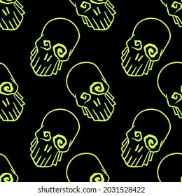 Vector Halloween doodle skulls seamless pattern. Design background for party poster. Hand drawn cartoon illustration. Objects isolated over acid green.