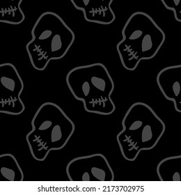 Vector Halloween doodle skulls seamless pattern. Design background for party poster. Hand drawn cartoon illustration in dark grey over black.