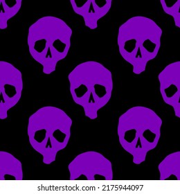 Vector Halloween doodle skulls seamless pattern. Design background for party poster. Hand drawn cartoon illustration in purple over black.