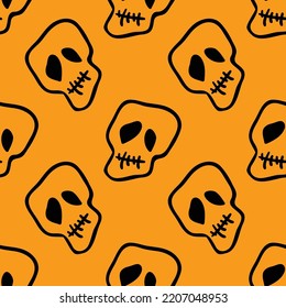 Vector Halloween doodle skulls seamless pattern. Design background for party poster. Hand drawn cartoon illustration in black over orange.