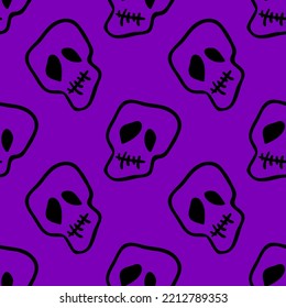 Vector Halloween doodle skulls seamless pattern. Design background for party poster. Hand drawn cartoon illustration in black over purple.