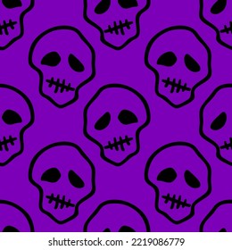 Vector Halloween doodle skulls seamless pattern. Design background for party poster. Hand drawn cartoon illustration in black over purple.