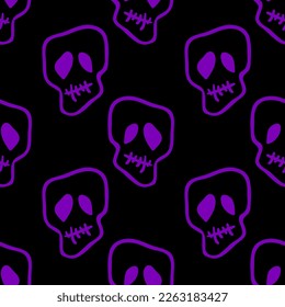 Vector Halloween doodle skulls seamless pattern. Design background for party poster. Hand drawn cartoon illustration in purple over black.