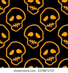 Vector Halloween doodle skulls seamless pattern. Design background for party poster. Hand drawn cartoon illustration in orange over black.