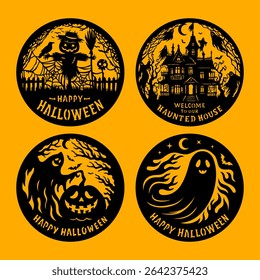 Vector Halloween door round signs with ghosts, house, scarecrow and pumpkin. Set of symbolic illustrations. Welcome to our Haunted House. Happy Halloween. For cutting on a plotter and sublimation.	