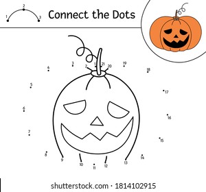 Vector Halloween dot-to-dot and color activity with cute pumpkin lantern. Autumn holiday connect the dots game. Funny coloring page for kids with jack-o-lantern