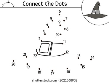 Vector Halloween dot-to-dot and color activity with cute wizard hat. Autumn holiday connect the dots game. Funny coloring page for kids with witch accessory. 
