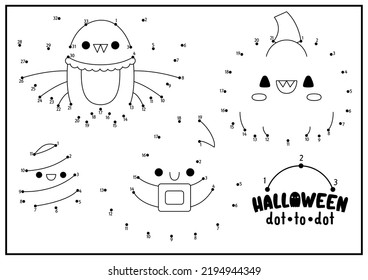Vector Halloween dot-to-dot and color activity with cute kawaii characters. Autumn holiday connect the dots game for children. All saints day coloring page for kids. Printable worksheet
