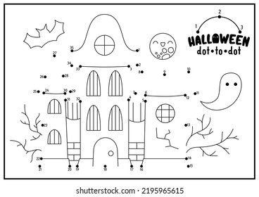 Vector Halloween dot  to  dot   color activity and cute kawaii haunted house  Autumn holiday connect the dots game for children  All saints day coloring page for kids  Printable worksheet
