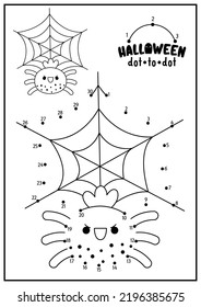 Vector Halloween dot-to-dot and color activity with cute kawaii spider and web. Autumn holiday connect the dots game for children. All saints day coloring page for kids. Printable worksheet
