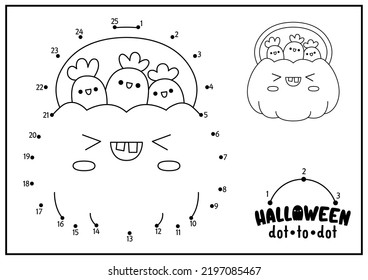 Vector Halloween dot-to-dot and color activity with cute kawaii pumpkin bag and sweets. Autumn holiday connect the dots game for children. All saints day coloring page for kids
