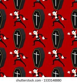 vector halloween dracula and casket seamless pattern on red