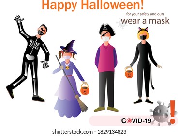 Vector Halloween drawing design with children wearing costumes and protective masks to prevent COVID-19 with warning inscription.
