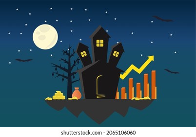 Vector halloween effect stock market hypothesis on october. Calendar anomalies for investors. Vector of haunted mansion, bat, moon, stars, coins, diagram chart