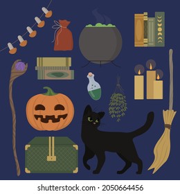 Vector Halloween element set. Interior with cupboard, cauldron, candles, books, mushrooms and plant