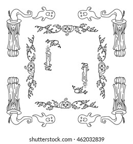 Vector Halloween elements for design. Square, rectangle corner, border, frames for decor. Smiling little witch, pumpkin head, candle, wave ivy. Vintage doodle style, black line on white 1 from 6