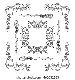 Vector Halloween elements for design. Square, rectangle corner, border, frames for decor. Sweet witches hat, broom, skull and bones, wave ivy. Vintage doodle style, black line on white 2 from 6