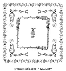 Vector Halloween elements for design. Square, rectangle corner, border, frames for decor. Cats, witches broom, owl on tree branch, moon and star. Vintage doodle style, black line on white 5 from 6