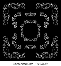 Vector Halloween elements for design. Square, rectangle corner, border, frames for decor. Scare ghosts, bats, gravestone, wave ivy. Doodle chalkboard style, white line on black 4 from 6