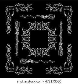Vector Halloween elements for design. Square, rectangle corner, border, frames for decor. Sweet witches hat, broom, skull and bones, wave ivy. Doodle chalkboard style, white line on black 2 from 6
