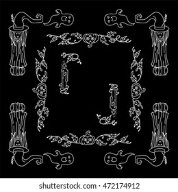 Vector Halloween elements for design. Square, rectangle corner, border, frames for decor.  Doodle chalkboard style, white line on black 1 from 6