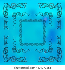 Vector Halloween elements for design. Square, rectangle corner, border, frames for decor. Kid on ghost costume,  worm, cauldron, potion, wave ivy. Black doodles on photo background 3 from 6