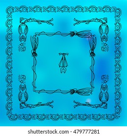 Vector Halloween elements for design. Square, rectangle corner, border, frames for decor. Cats, witches broom, owl on tree branch, moon and star. Black doodles on photo background 5 from 6