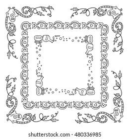 Vector Halloween elements for design. Square, rectangle corner, border, frames for decor. Kid on ghost costume,  worm, cauldron, potion, wave ivy. Childish doodles, black line on white 3 from 6