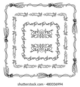 Vector Halloween elements for design. Square, rectangle corner, border, frames for decor. Owl on tree branch, moon and star, skull and bones, candles. Childish doodles, black line on white 6 from 6