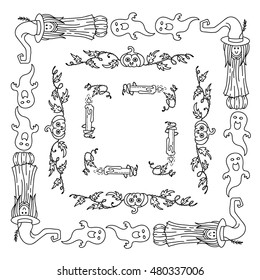 Vector Halloween elements for design. Square, rectangle corner, border, frames for decor. Smiling little witch, pumpkin head, candle, wave ivy. Childish doodles, black line on white 1 from 6