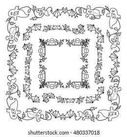Vector Halloween elements for design. Square, rectangle corner, border, frames for decor. Scare ghosts, bats, gravestone, wave ivy. Childish doodles, black line on white 4 from 6