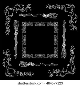 Vector Halloween elements for design. Square, rectangle corner, border, frames for decor. Sweet witches hat, broom, skull and bones, wave ivy. Childish doodles, white line on black 