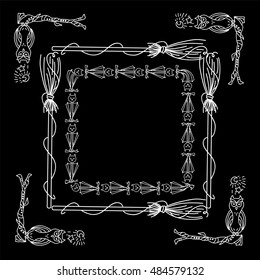 Vector Halloween elements for design. Square, rectangle corner, border, frames for decor. Cats, witches broom, owl on tree branch, moon and star. Childish doodles, white line on black 