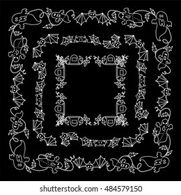 Vector Halloween elements for design. Square, rectangle corner, border, frames for decor. Scare ghosts, bats, gravestone, wave ivy. Childish doodles, white line on black