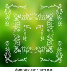 Vector Halloween elements for design. Square, rectangle corner, border, frames for decor. Owl on tree branch, moon and star, skull and bones, candles. White doodles on photo background 6 from 6