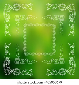 Vector Halloween elements for design. Square, rectangle corner, border, frames for decor. Kid on ghost costume,  worm, cauldron, potion, wave ivy. White doodles on photo background 3 from 6
