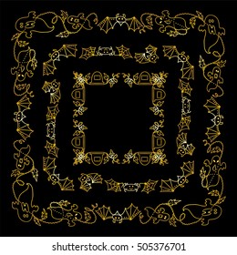 Vector Halloween elements for design. Square, rectangle corner, border, frames for decor. Scare ghosts, bats, gravestone, wave ivy. Childish doodles, Premium gold set 4 from 6