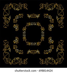Vector Halloween elements for design. Square, rectangle corner, border, frames for decor. Scare ghosts, bats, gravestone, wave ivy. Premium gold set 4 from 6