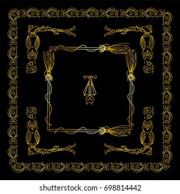 Vector Halloween elements for design. Square, rectangle corner, border, frames for decor. Cats, witches broom, owl on tree branch, moon and star. Premium gold set 5 from 6
