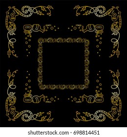 Vector Halloween elements for design. Square, rectangle corner, border, frames for decor. Kid on ghost costume,  worm, cauldron, potion, wave ivy. Premium gold set 3 from 6
